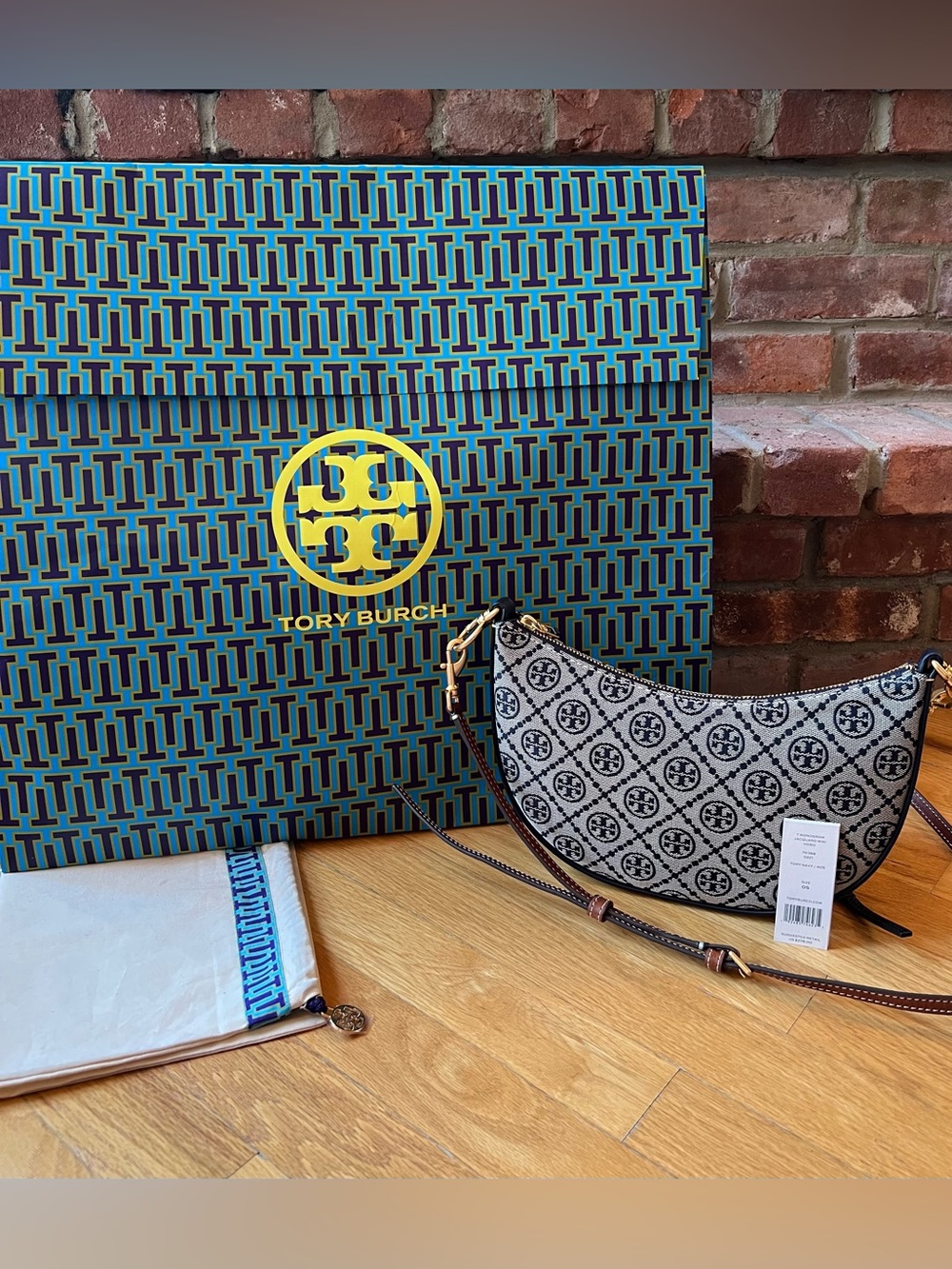 Tory Burch Navy Blue T Monogram Jacquard Mini Curved Hobo Bag